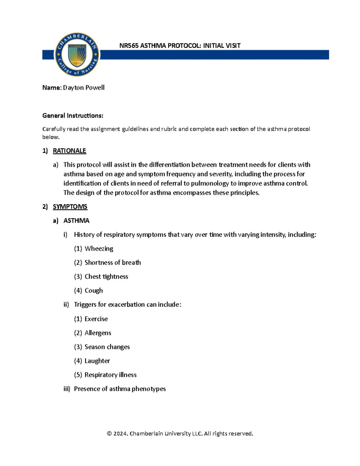 NR565 Asthma Protocol: Initial Visit Assignment - Dayton Schmit - Studocu