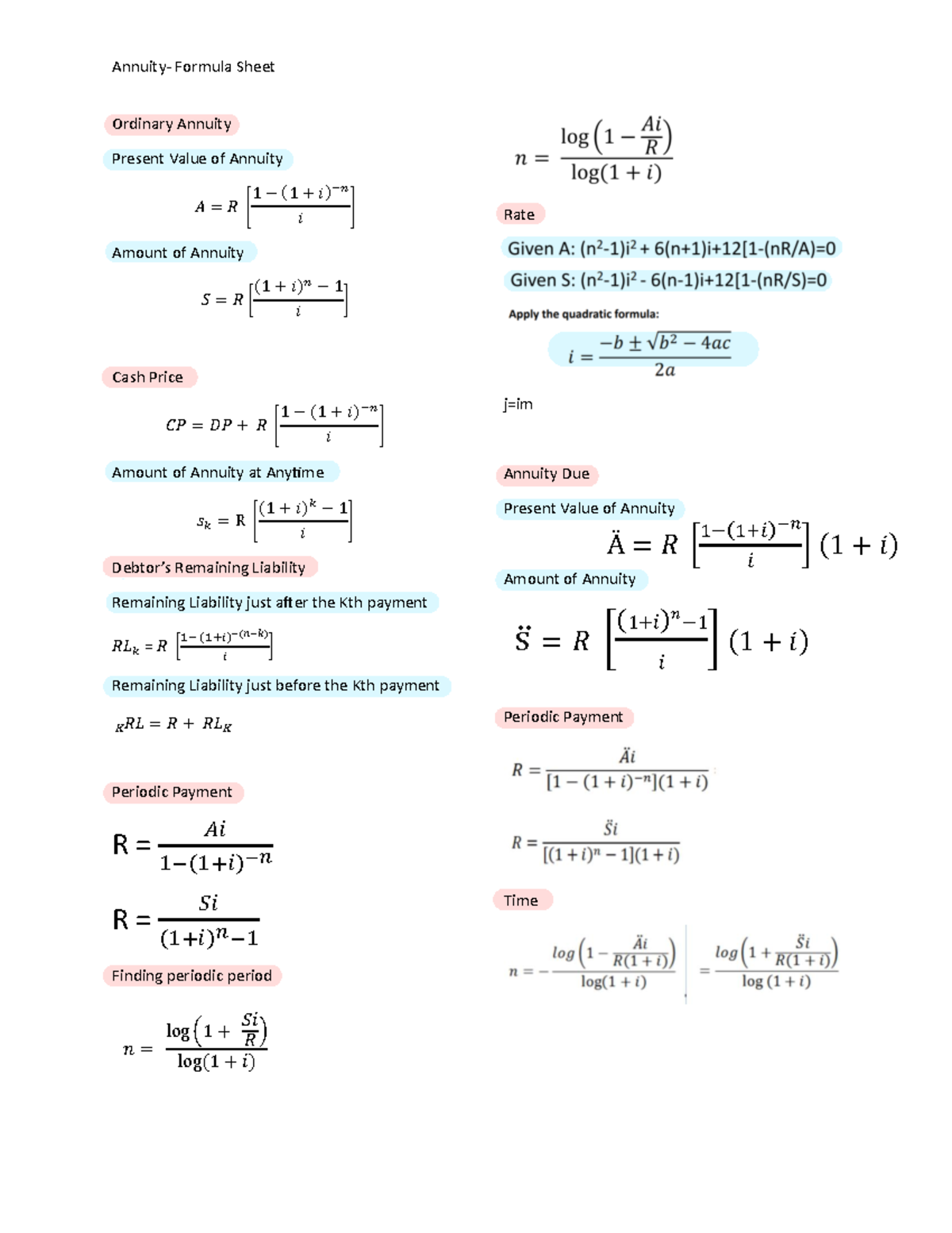 Quiz2 formula sheet - Annuity- Formula Sheet Ordinary Annuity Present ...