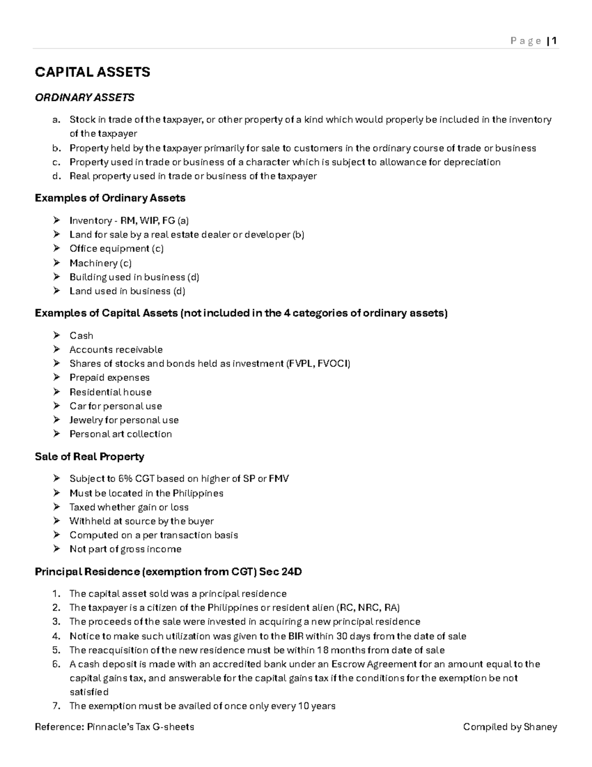 Capital Assets & Ordinary Assets Overview - Tax Compiled (Shaney) - Studocu