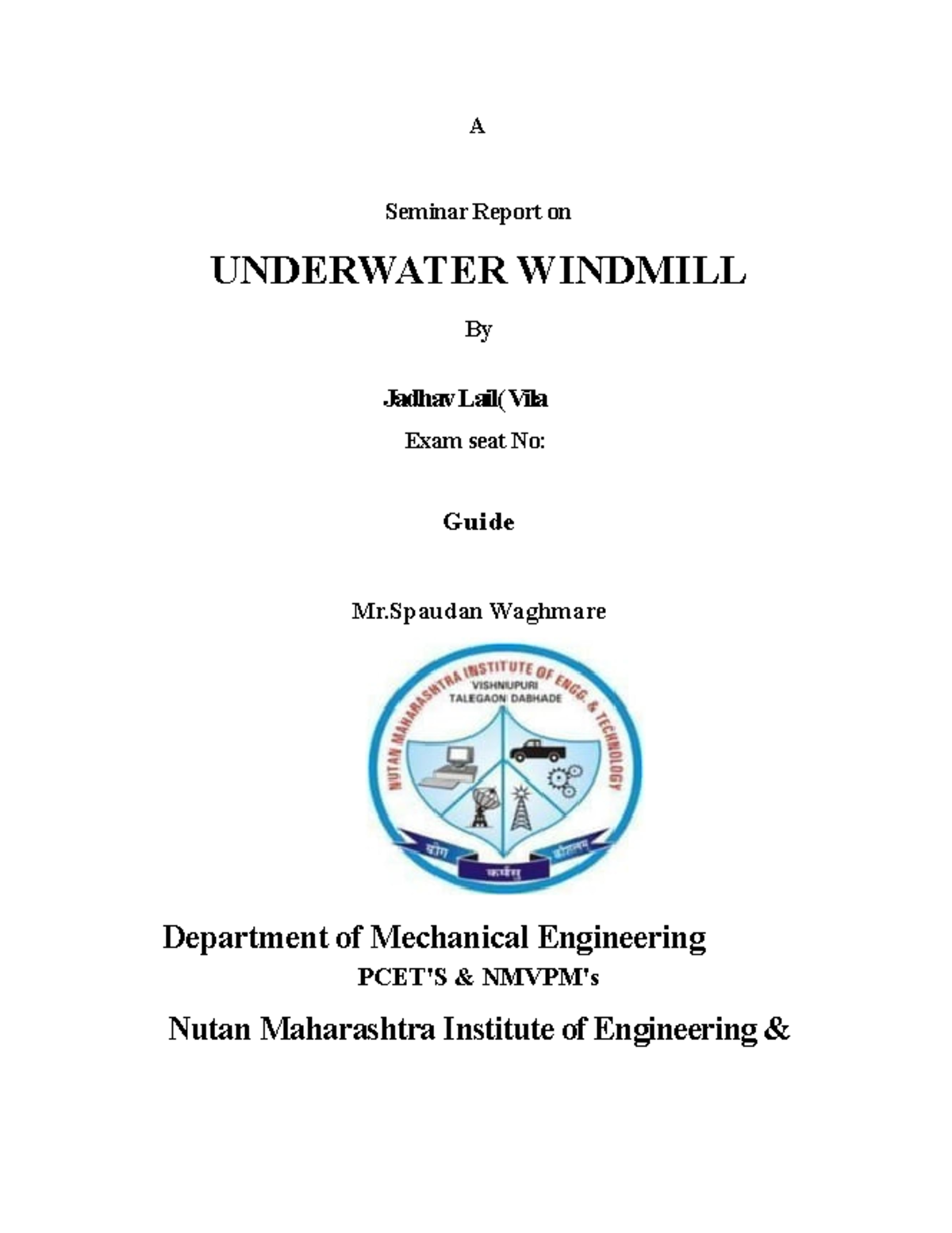 Seminar Report on Underwater Windmill (ME-ENG 2017-2018) - Studocu