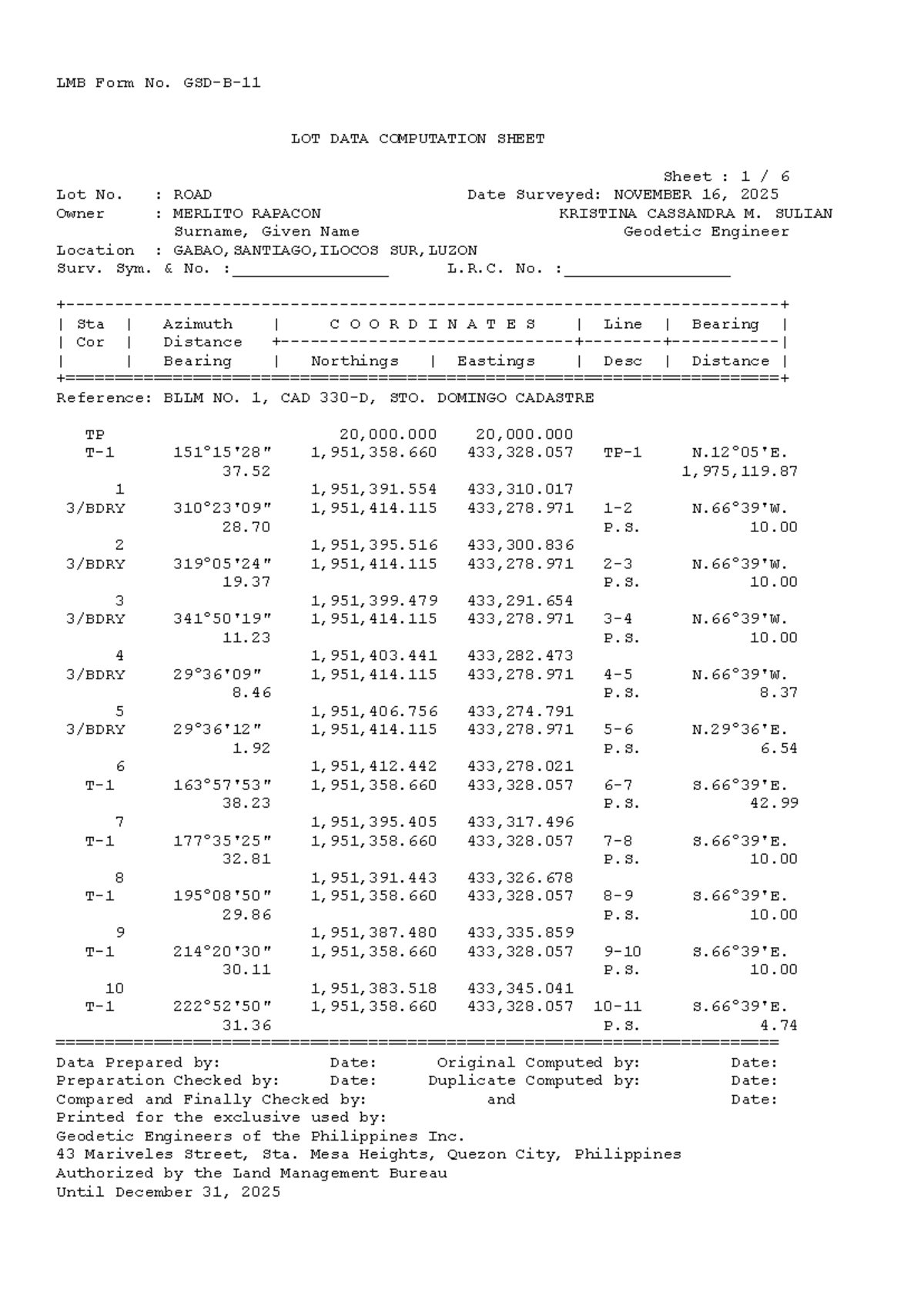 LMB Form No. LOT DATA COMPUTATION SHEET - ROAD Survey Example - Studocu
