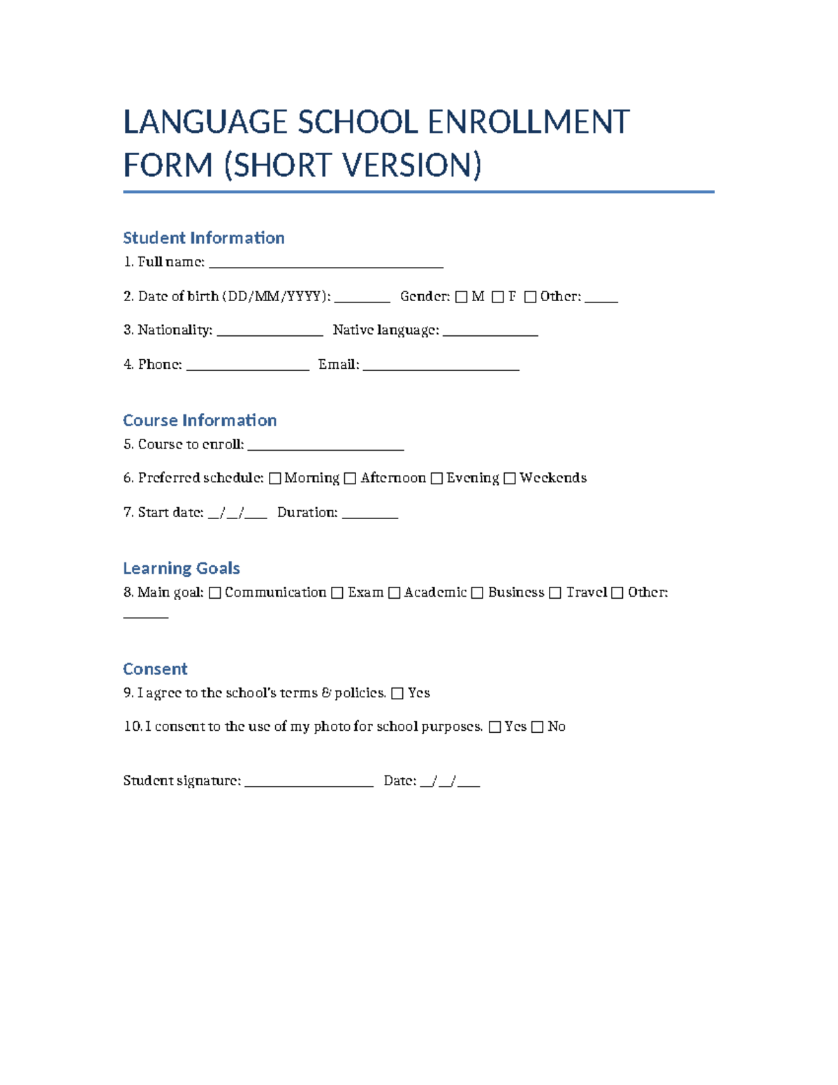 Language School Enrollment Form Short - LANGUAGE SCHOOL ENROLLMENT FORM ...