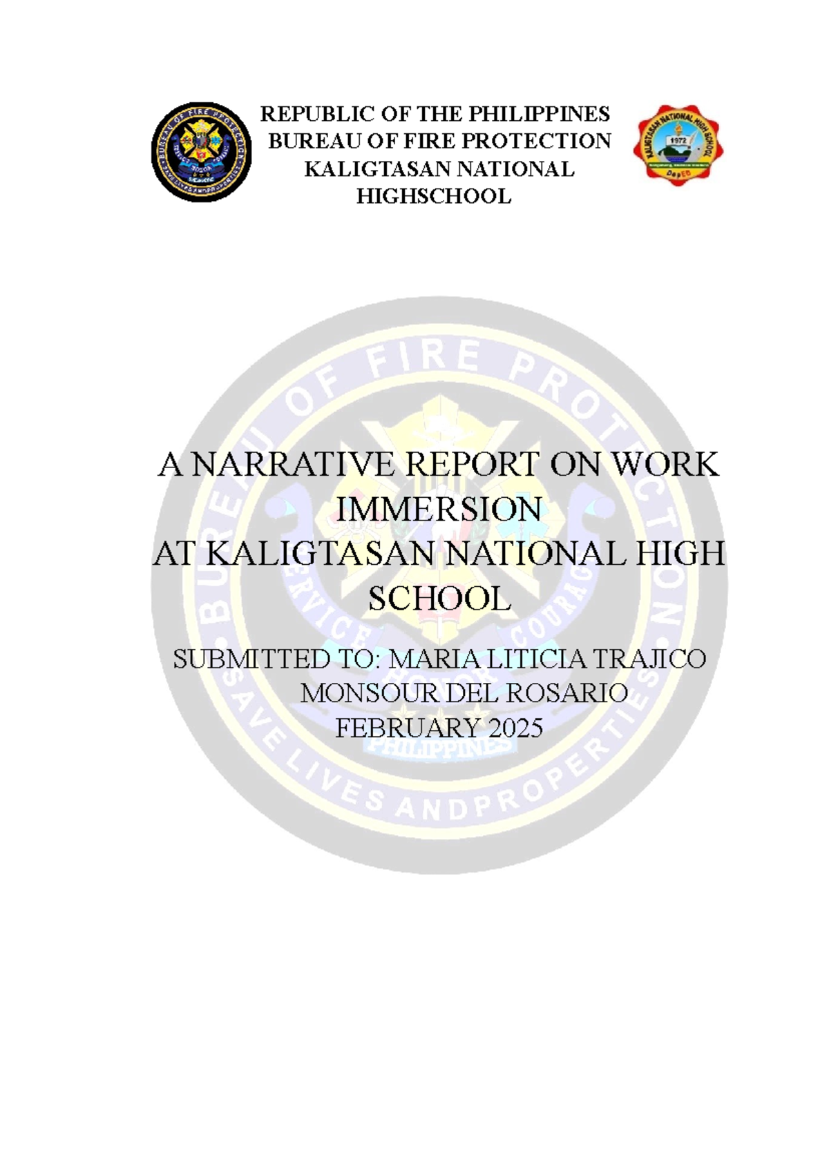 Narrative Report on Work Immersion at Kaligtasan National HS (BFP ...