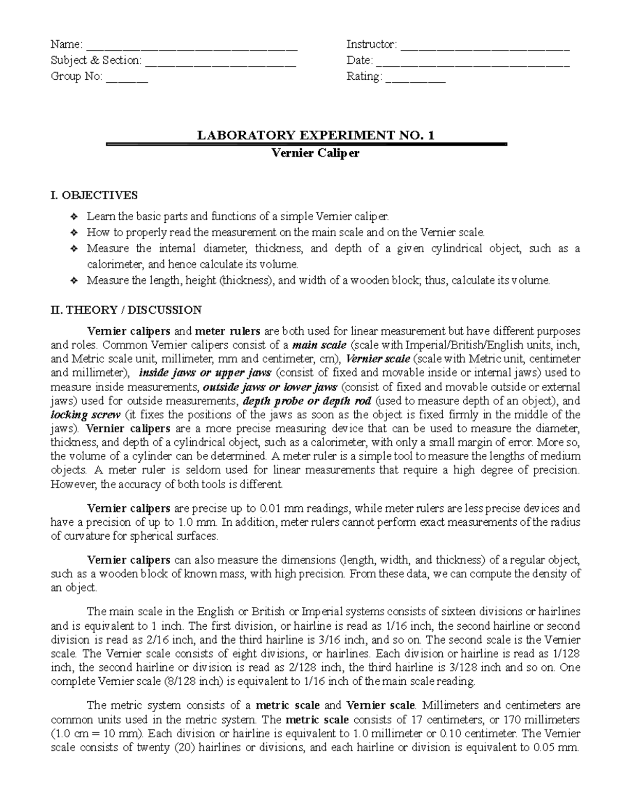 Physics SW 1 - Laboratory experiment on Vernier caliper measurements ...