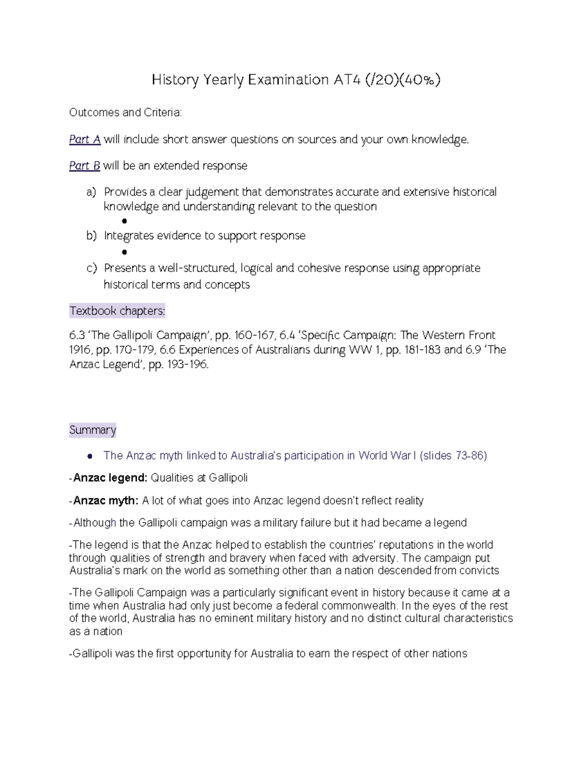 History Yearly Exam AT4: Analyzing the ANZAC Legend and Gallipoli - Studocu