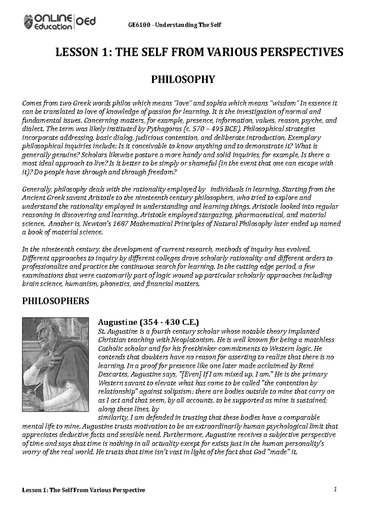 GE6100 - Lesson 1: Understanding the Self from Various Perspectives ...