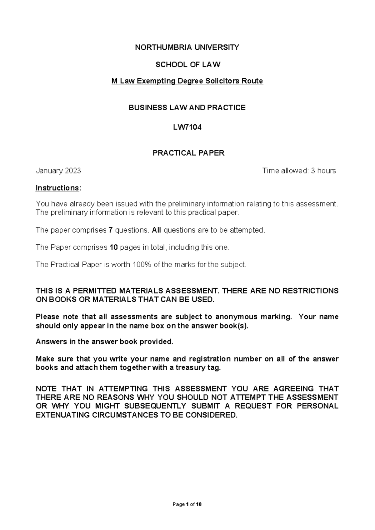 BLP January Practical Paper - NORTHUMBRIA UNIVERSITY SCHOOL OF LAW M ...