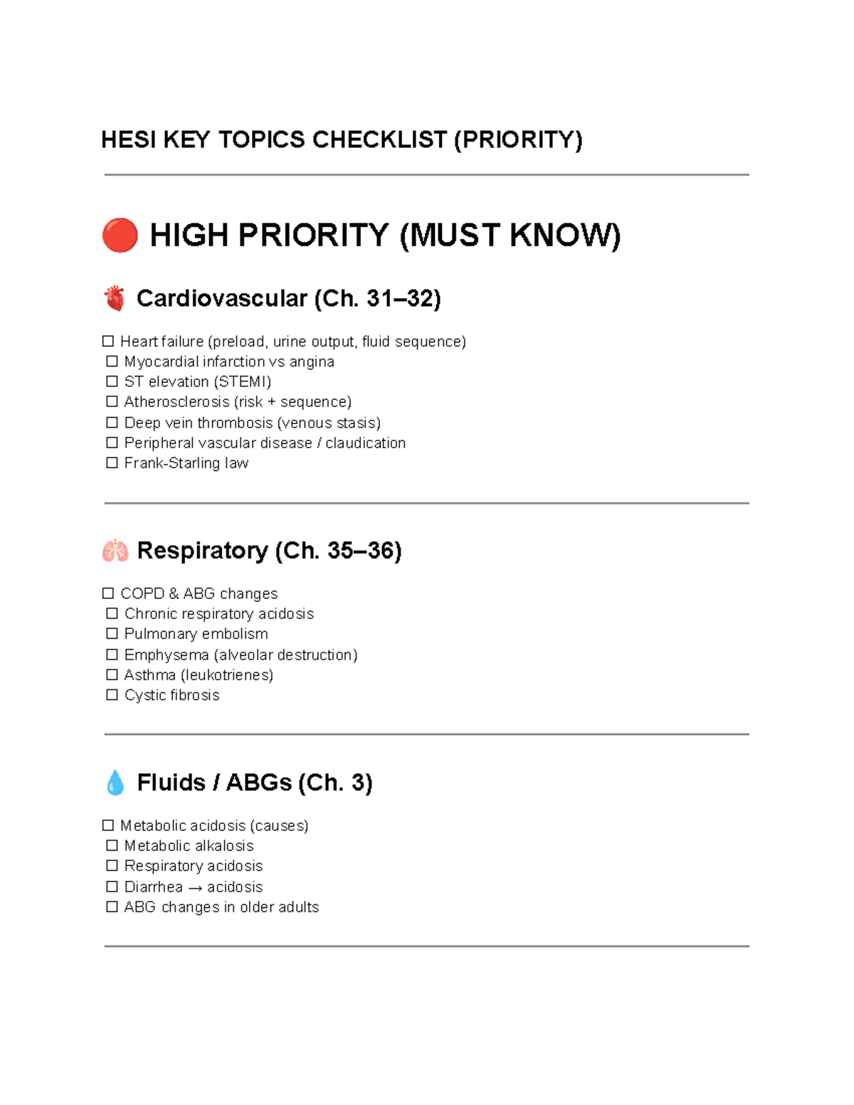 HESI Key Topics Checklist: High Priority for Cardiovascular & More ...