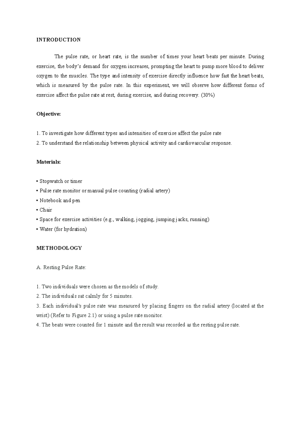 LAB Report EXP 1 BIO270 - EXPERIMENT 1 - INTRODUCTION The pulse rate ...