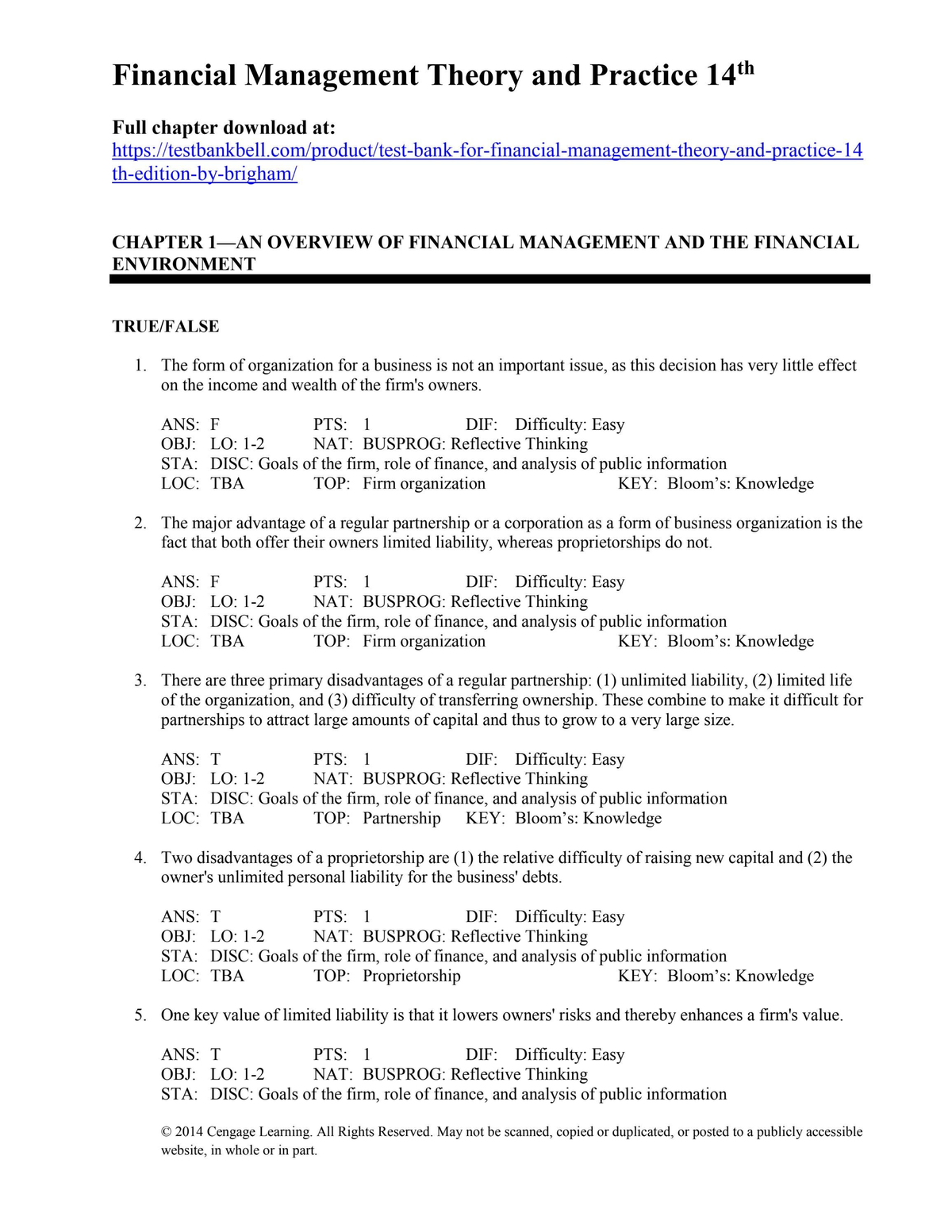 finman chapter 1 - Financial Management Theory and Practice 14th Full ...