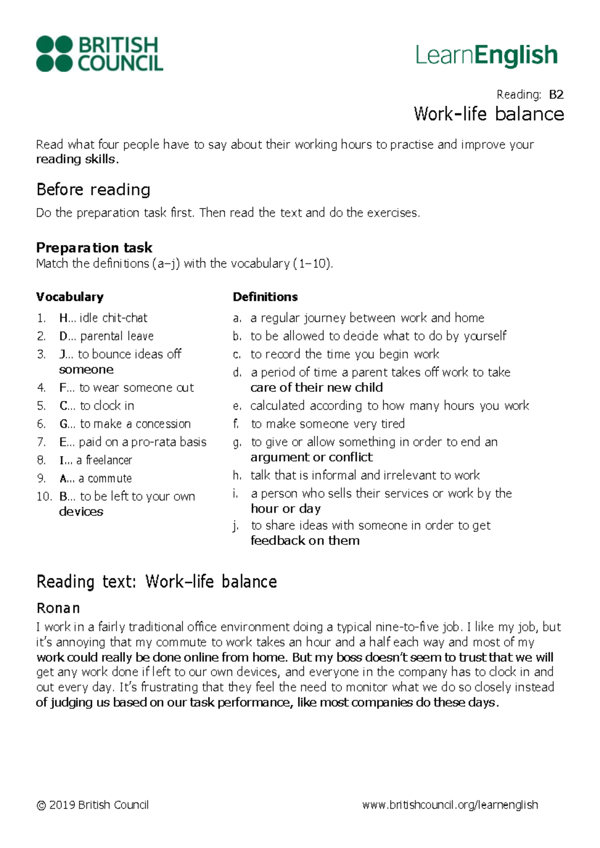 Work-Life Balance Insights: B2.1 Reading Practice - Studocu