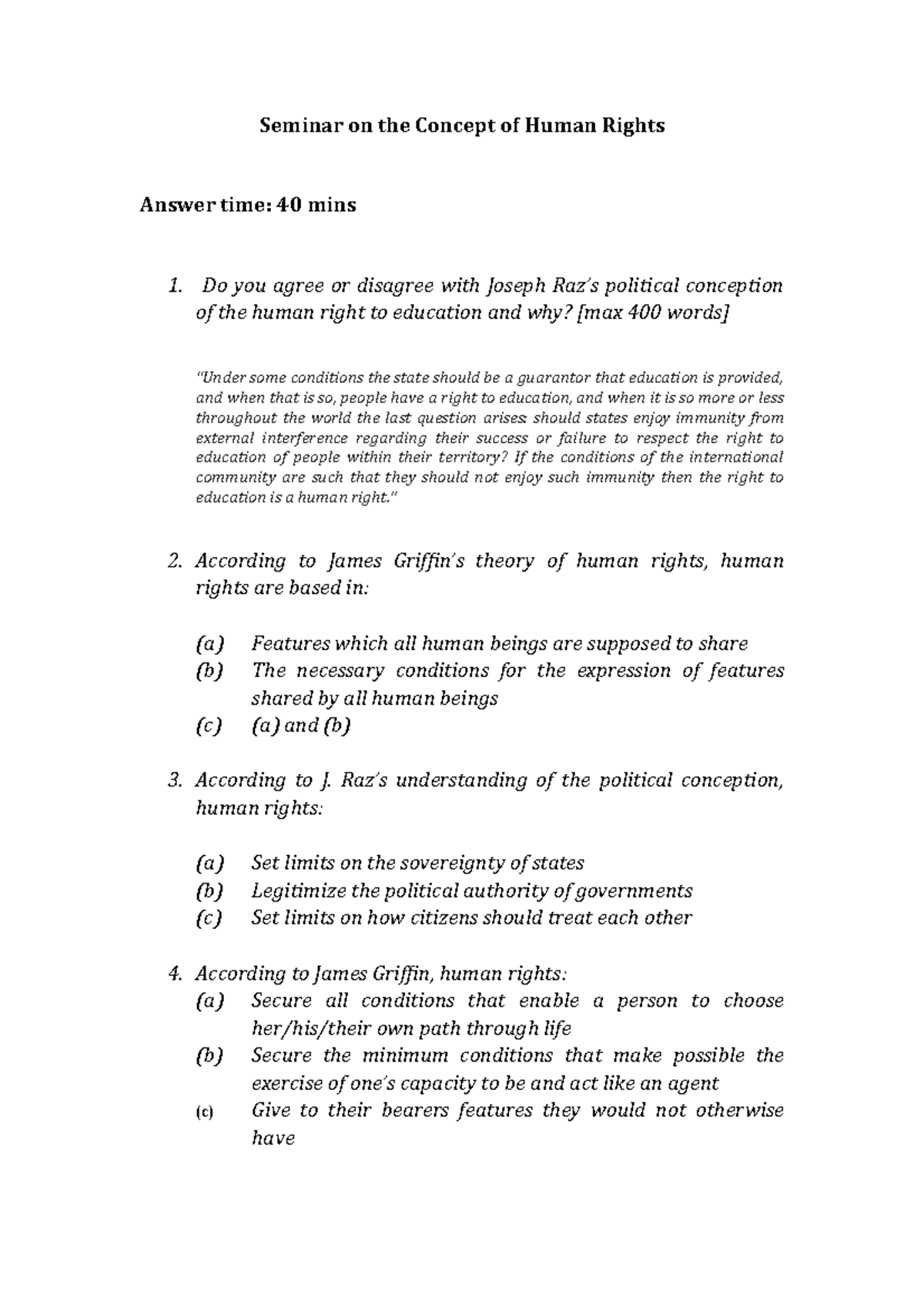 1st Questionnaire - human rights assignment - Seminar on the Concept of ...