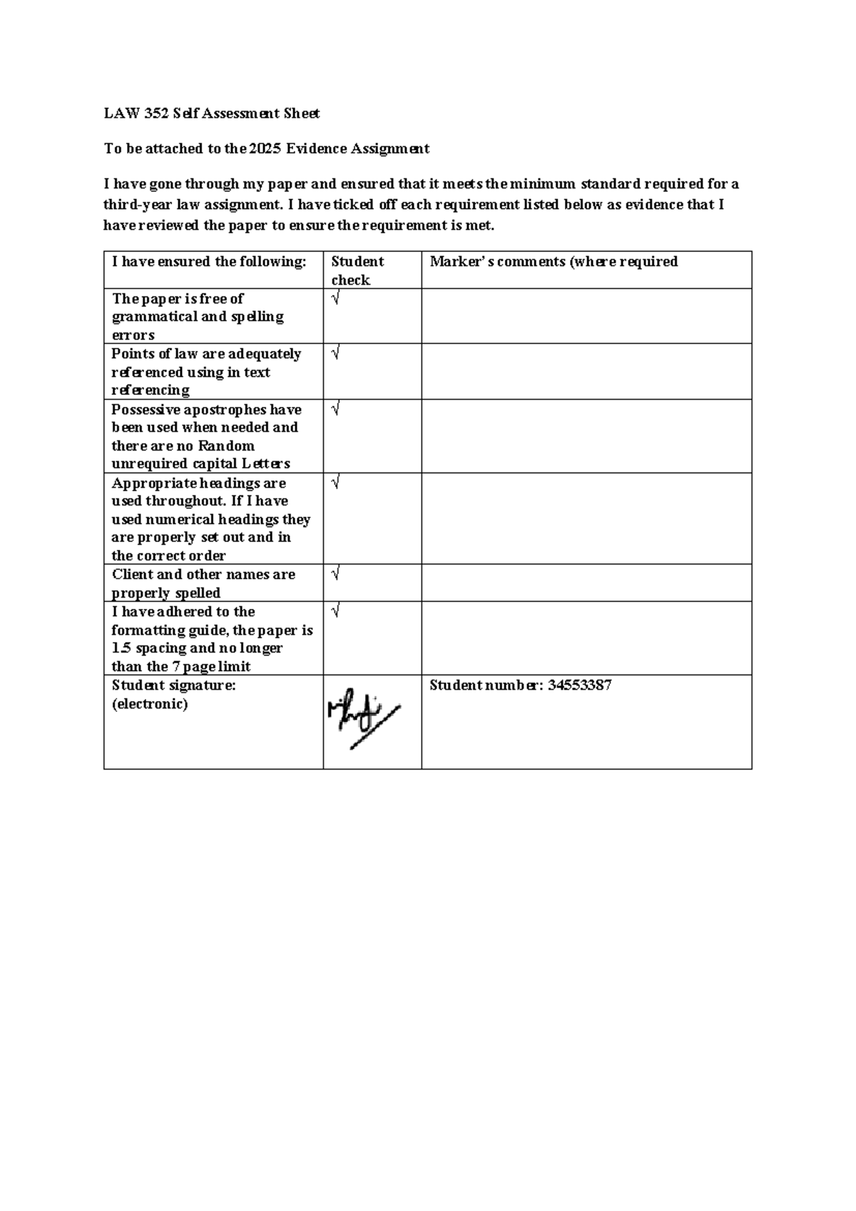 LAW 352 Self Assessment for 2025 Evidence Assignment - Studocu