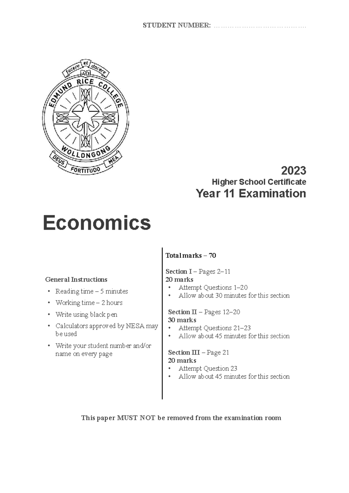 Yr 11 Economics HSC Exam 2023 - Total Marks 70 - Studocu