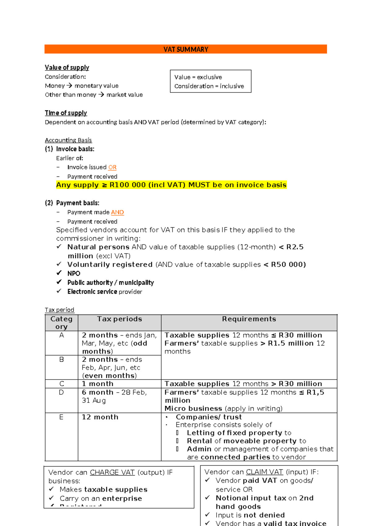 VAT Summary 2: Key Notes on Value of Supply and Tax Periods - Studocu