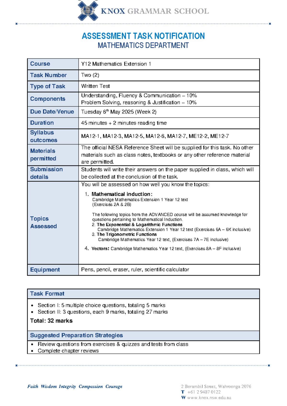 2025 Y12 Mathematics Extension 1 Assessment Task 2 Notification - Studocu