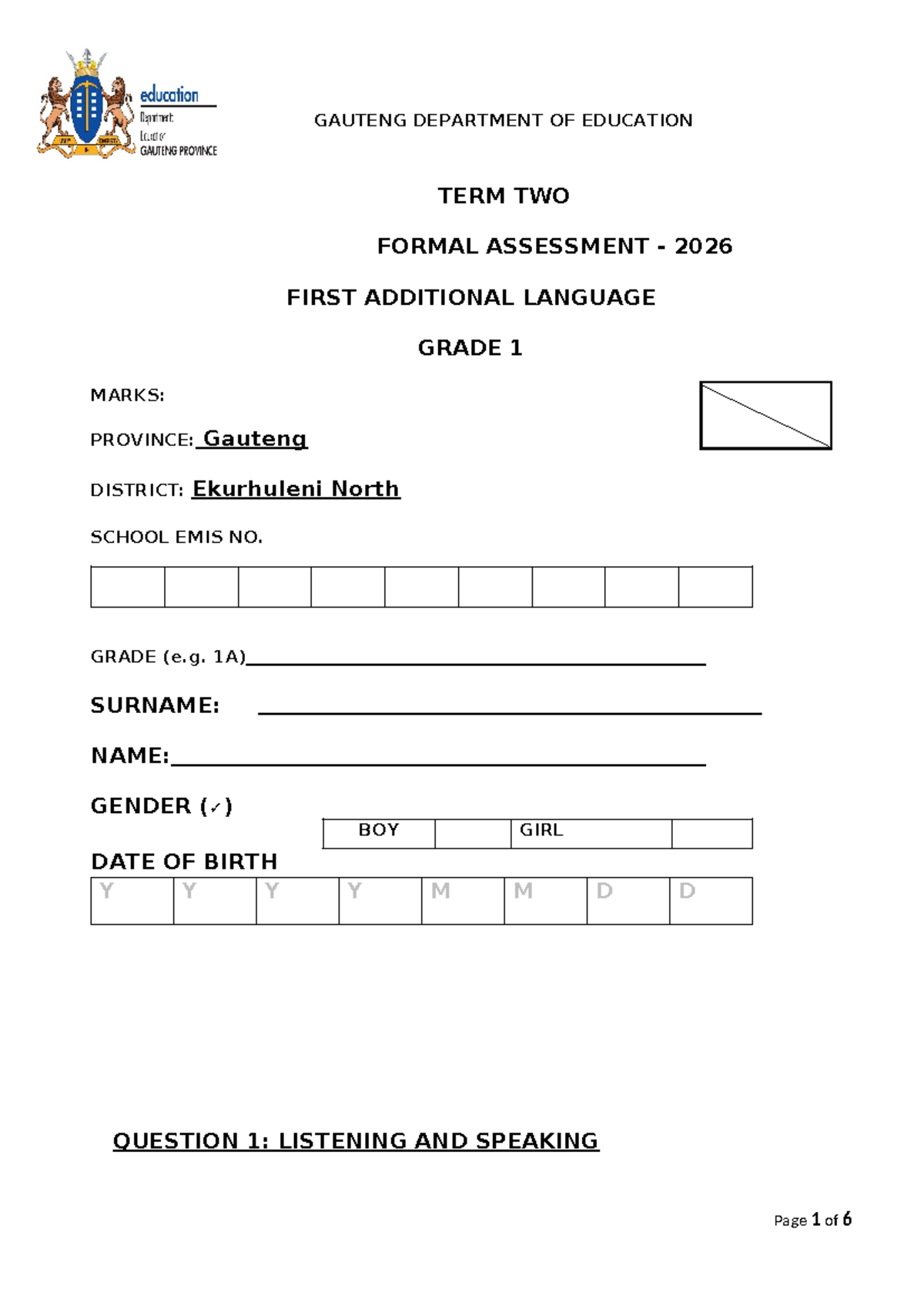 GAUTENG DEPT OF EDUCATION GRADE 1 TERM 2 FAL ASSESSMENT 2026 - Studocu