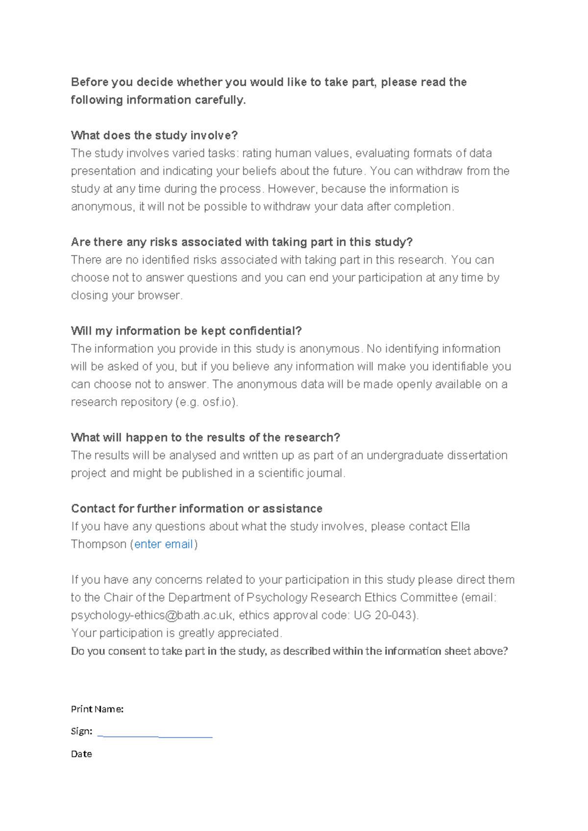 Consent Form for Pilot Study: Participation Information & Risks - Studocu