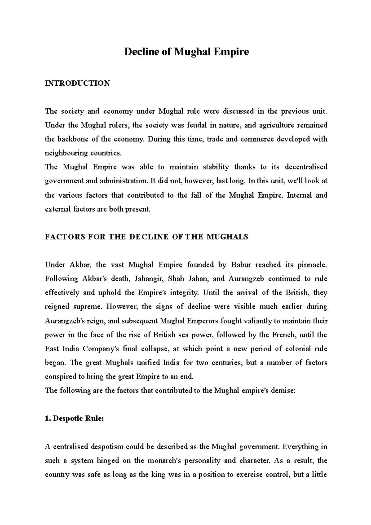 Factors Contributing to the Decline of the Mughal Empire - Studocu