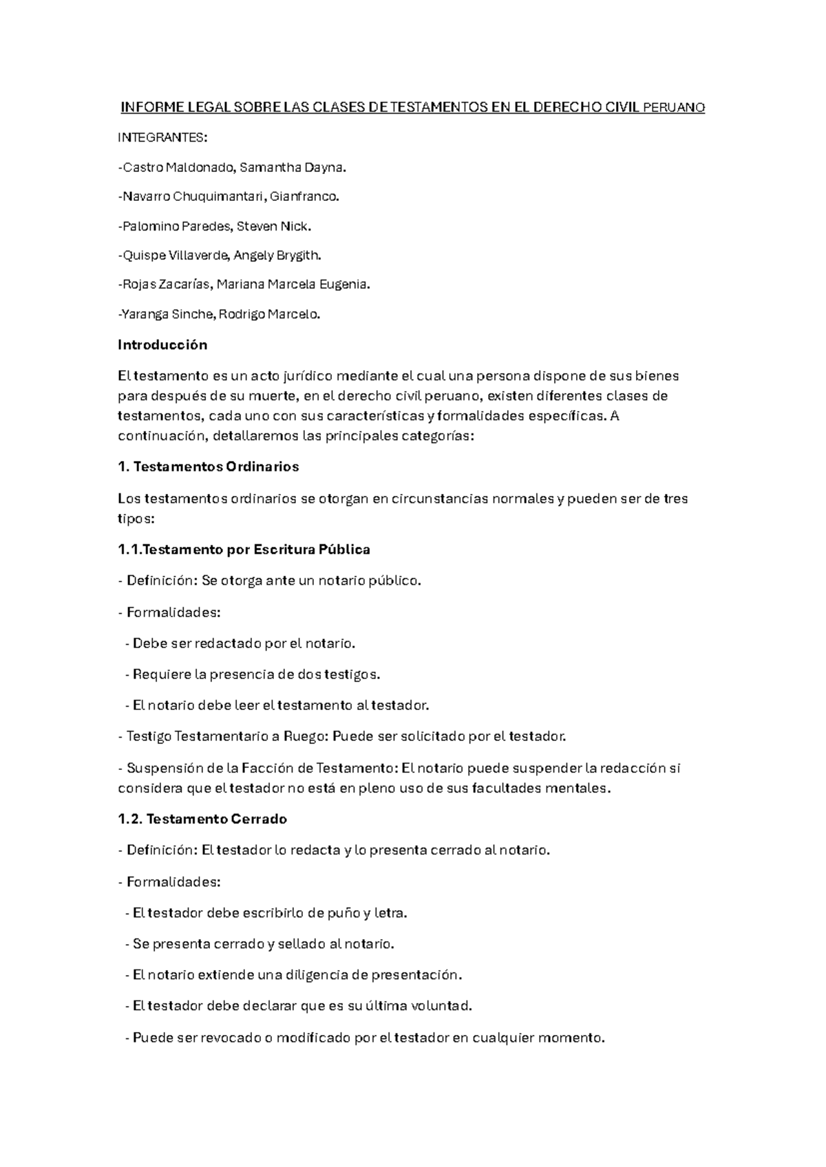 Informe Legal sobre Testamentos en Derecho Civil Peruano: Clases y Características - Document Preview