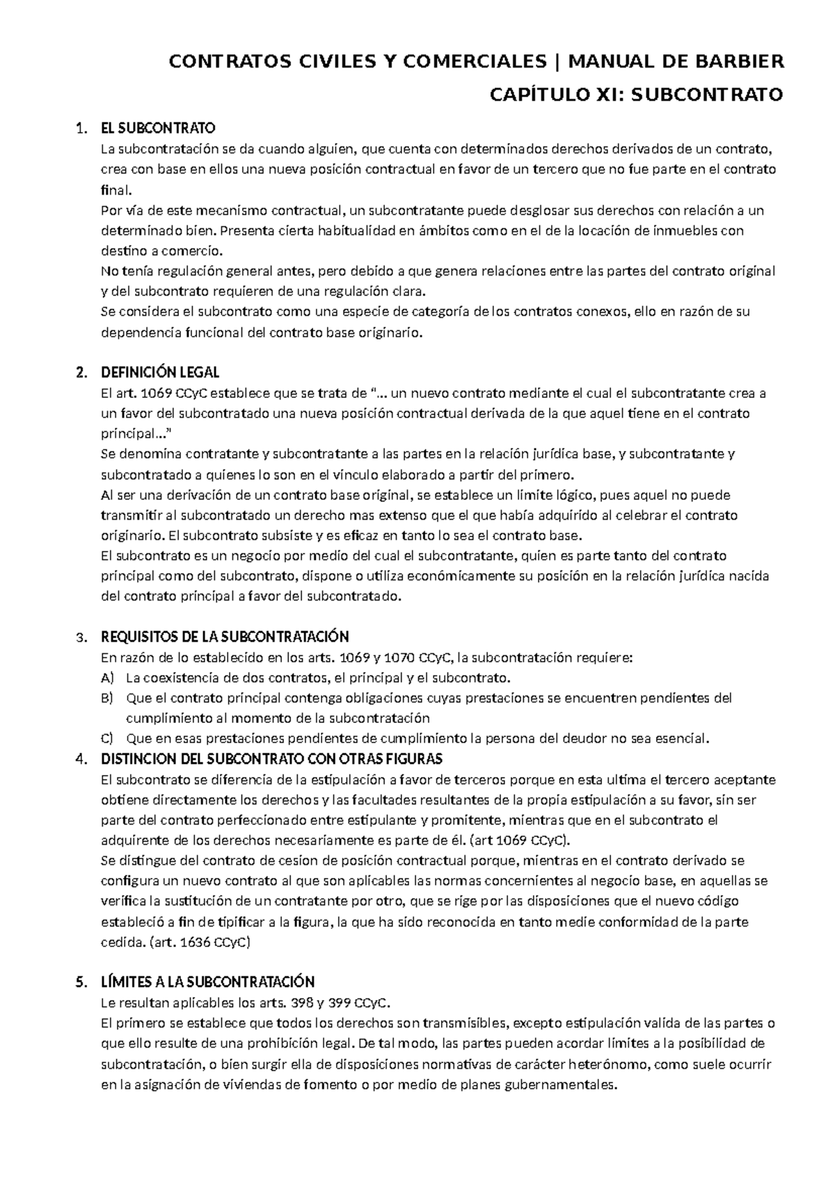 Contratos Civiles y Comerciales CCyC Capítulo XI: Subcontrato Resumen ...