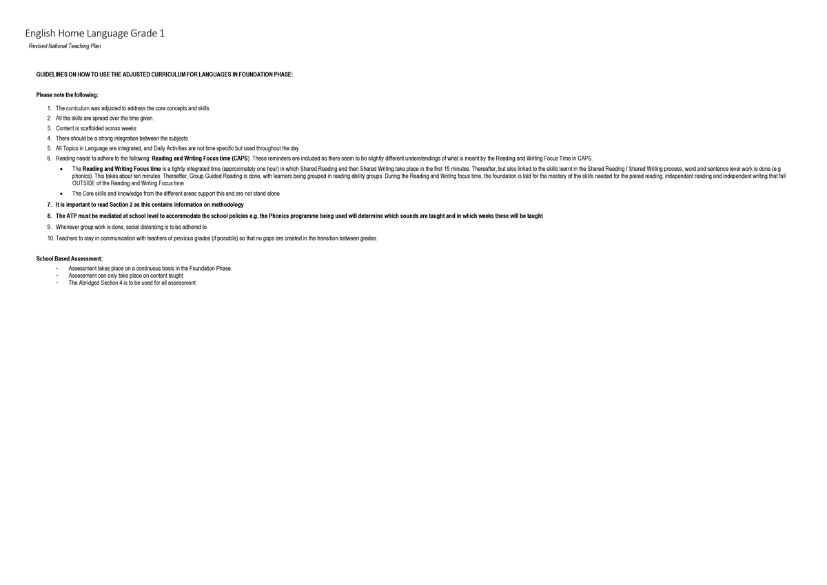 Grade 1 English HL Term 3 Teaching & Assessment Plan - Studocu