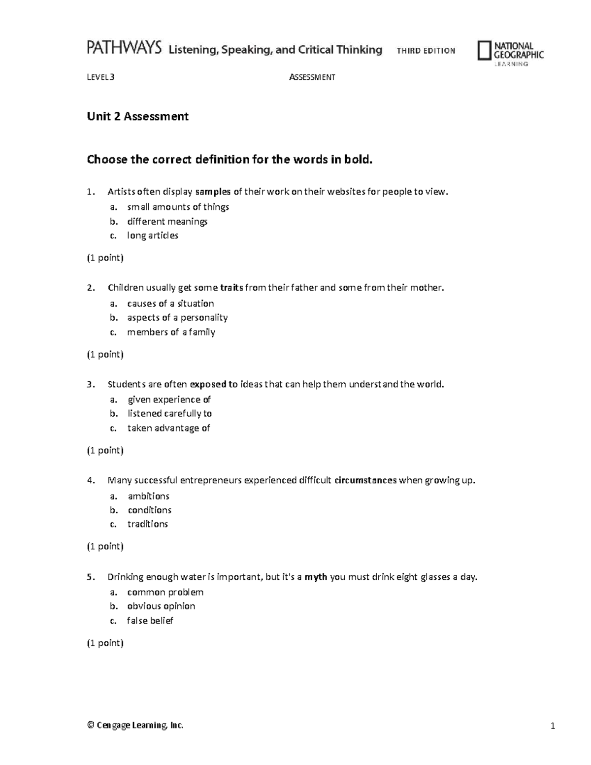 LEVEL 3 ASSESSMENT Unit 2 Vocabulary and Listening Exercises - Studocu