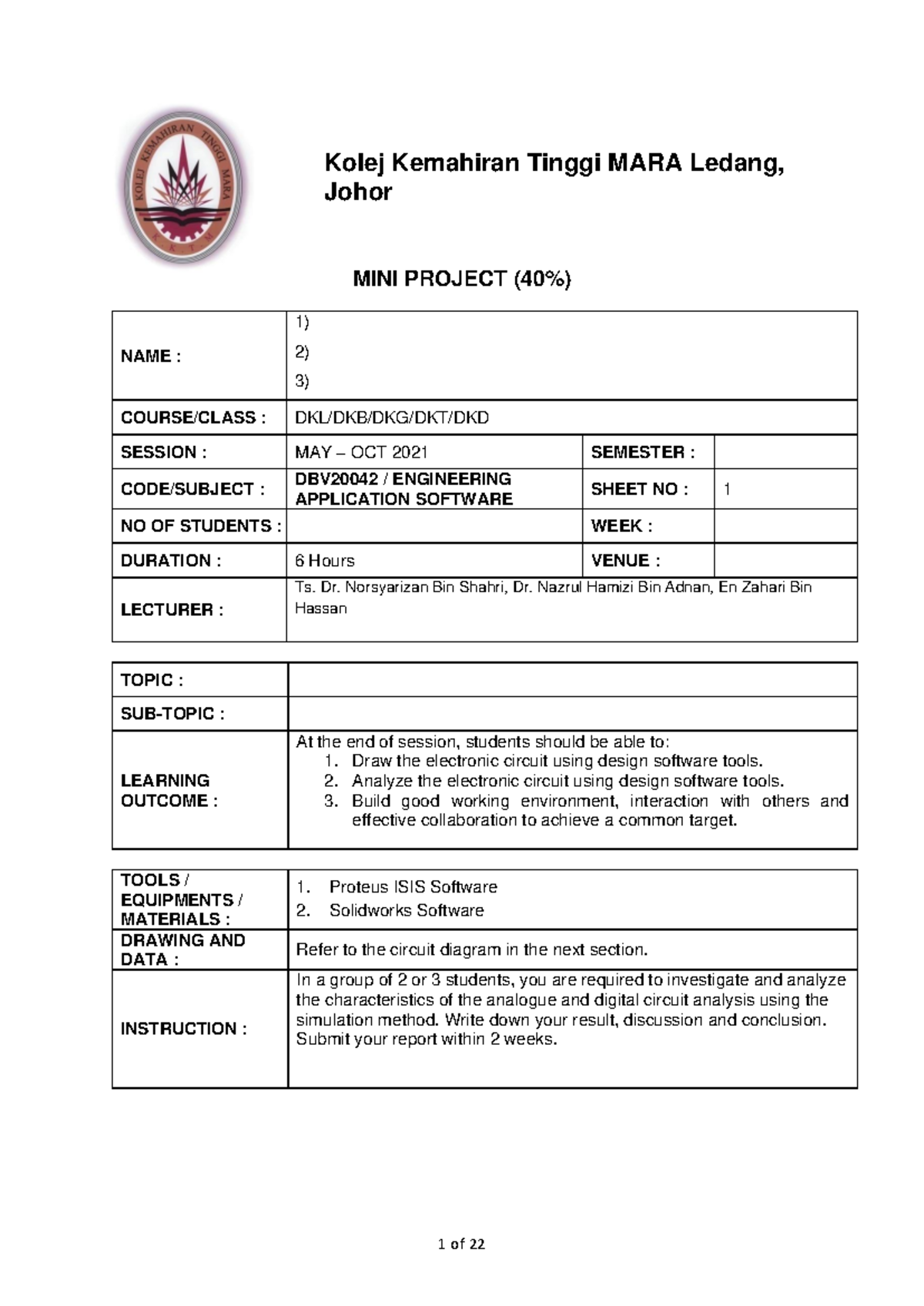 Mini Project DBV20042: Engineering Application Software Sheet 1 - Studocu