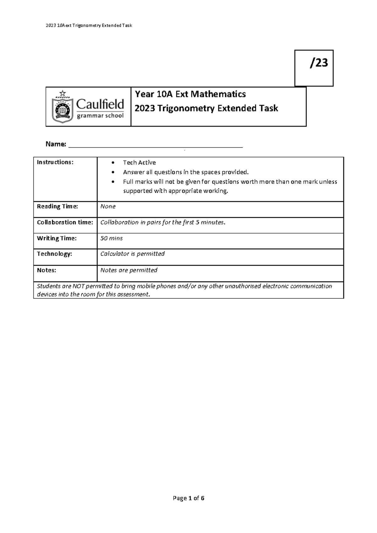 2023 10A Ext Mathematics Trigonometry Extended Task Guide - Studocu