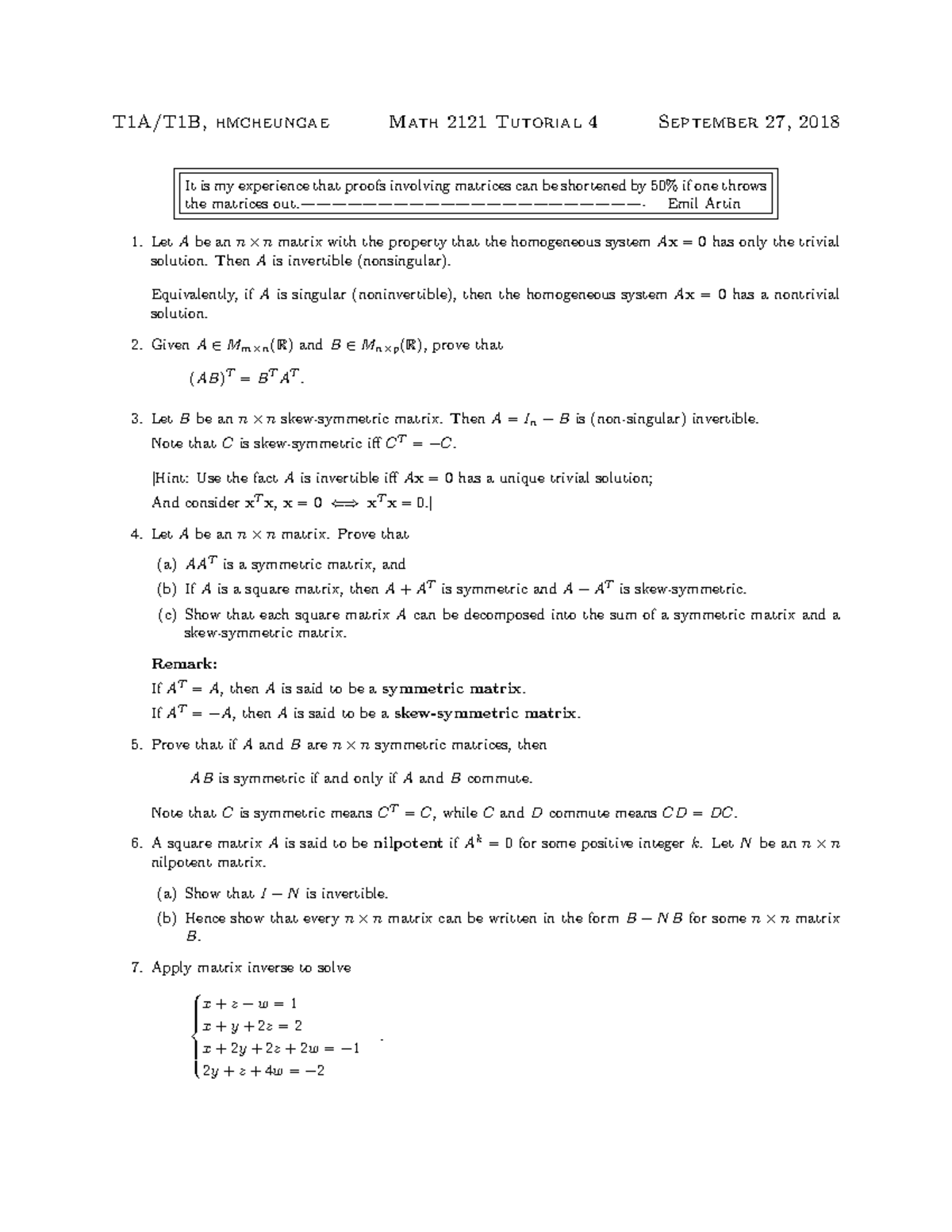 Math 2121 Problem Set 4: Matrix Proofs and Properties - Studocu