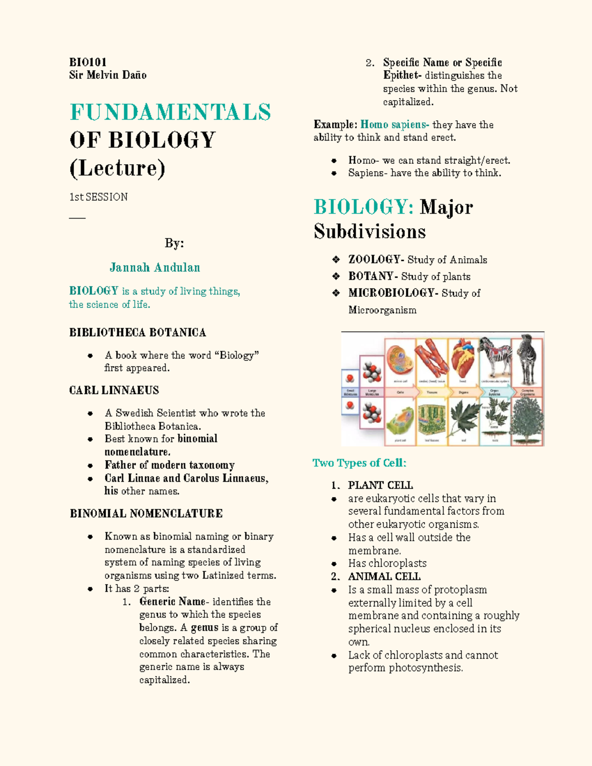 BIO 101 Lecture 1 - Personal notes - BIO Sir Melvin Daño FUNDAMENTALS ...