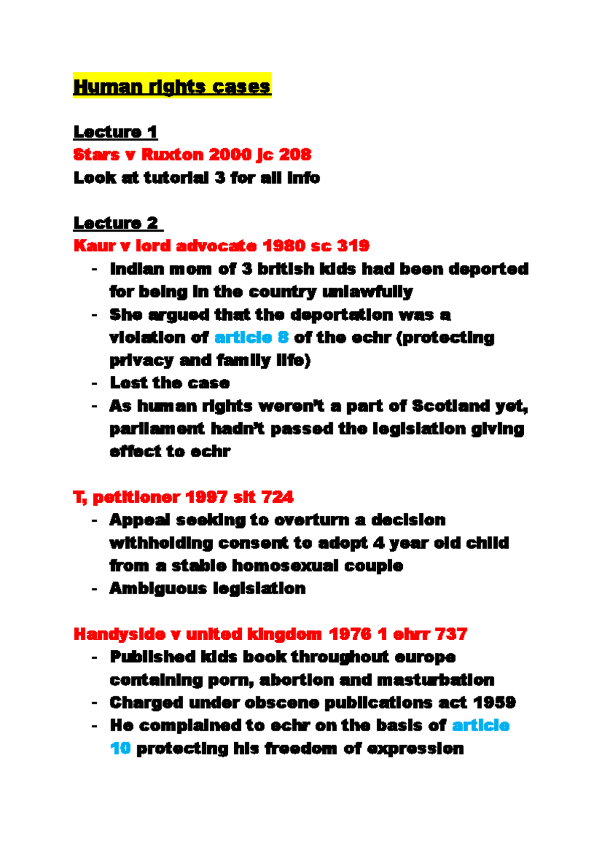 Human Rights Cases - Lecture Notes (Course Code: LAW123) - Studocu