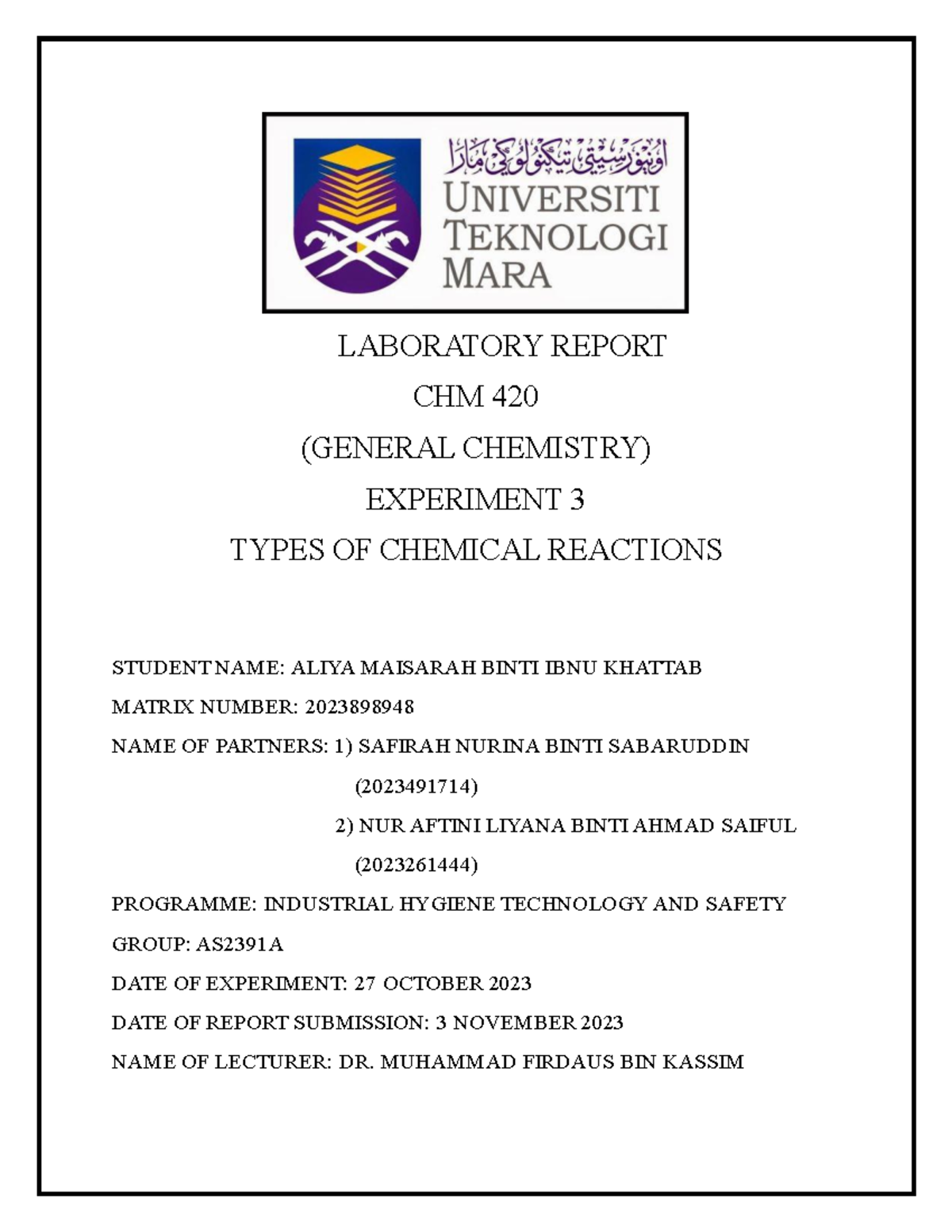 Lab Report: Chemical Reactions - Experiment 3 CHM420 - Studocu