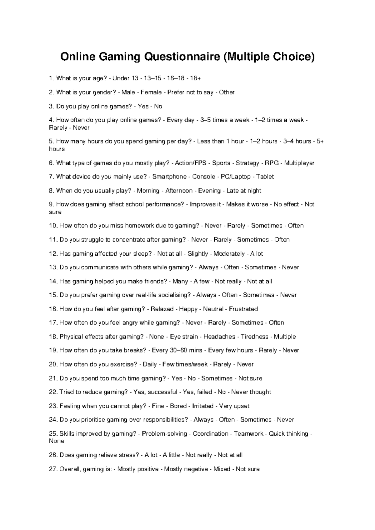 Online Gaming Questionnaire (Multiple Choice) - Studocu