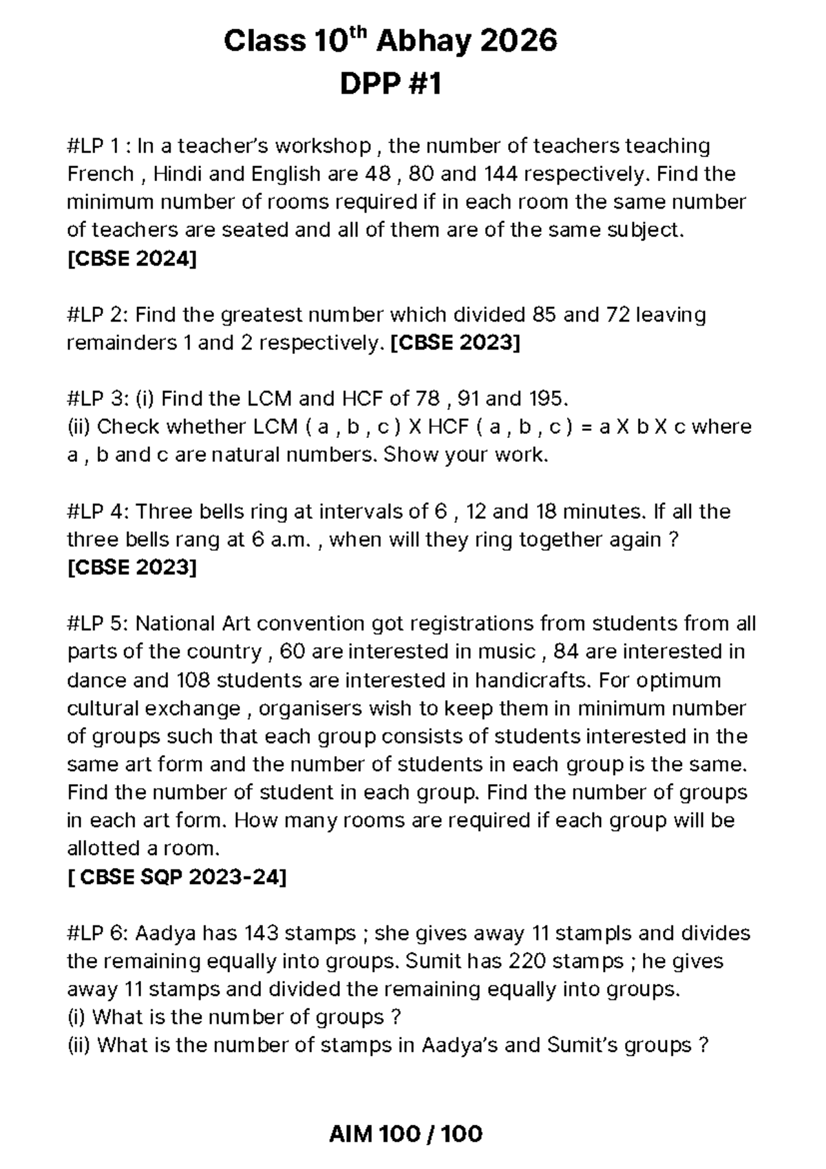 Class 10th CBSE DPP 1: LCM, HCF, and Grouping Problems - Studocu