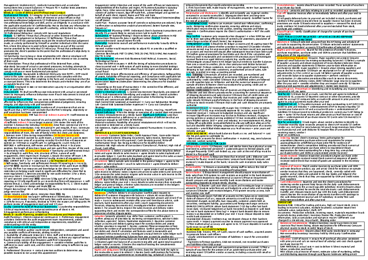 ACC3701 Cheat Sheet: Management, Ethics, and Audit Procedures - Studocu