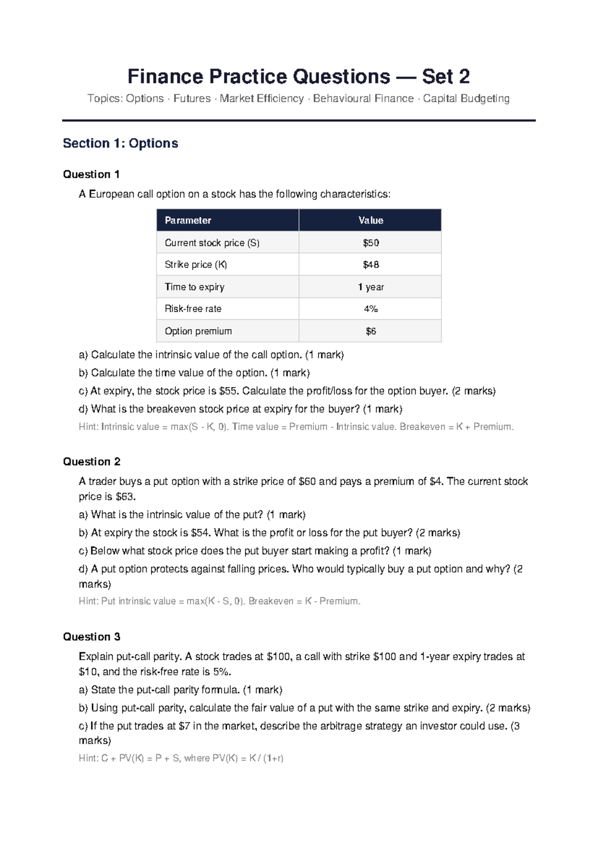 Finance Practice Questions Set 2: Options, Futures & Market Efficiency ...