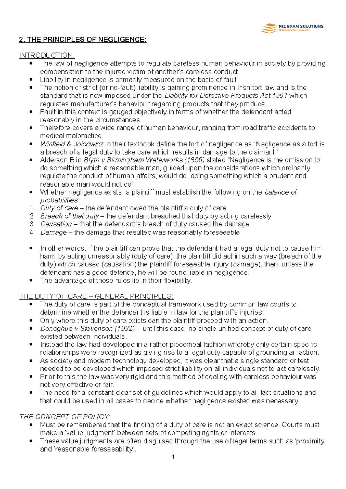 Summary of the Principles of Negligence in Tort Law (LAW101) - Studocu