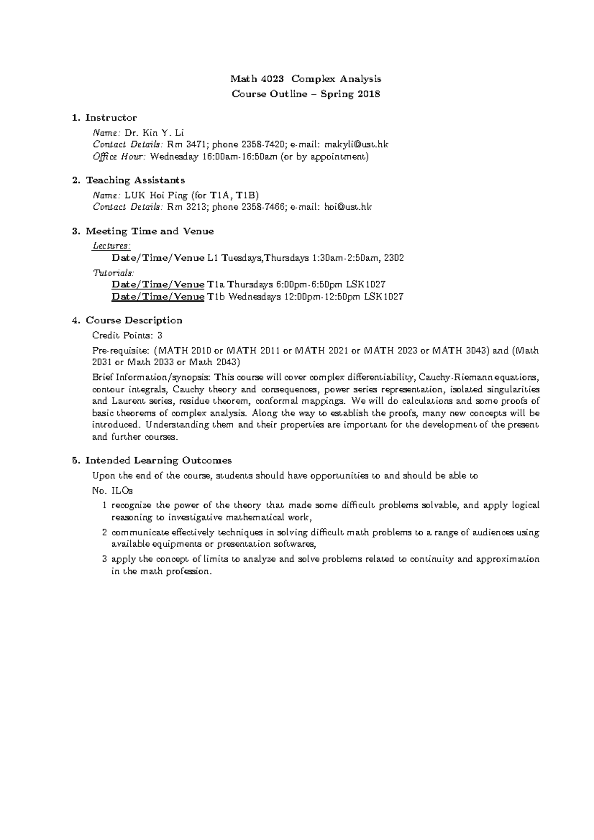 MATH 4023 Course Outline: Complex Analysis Spring 2018 - Studocu