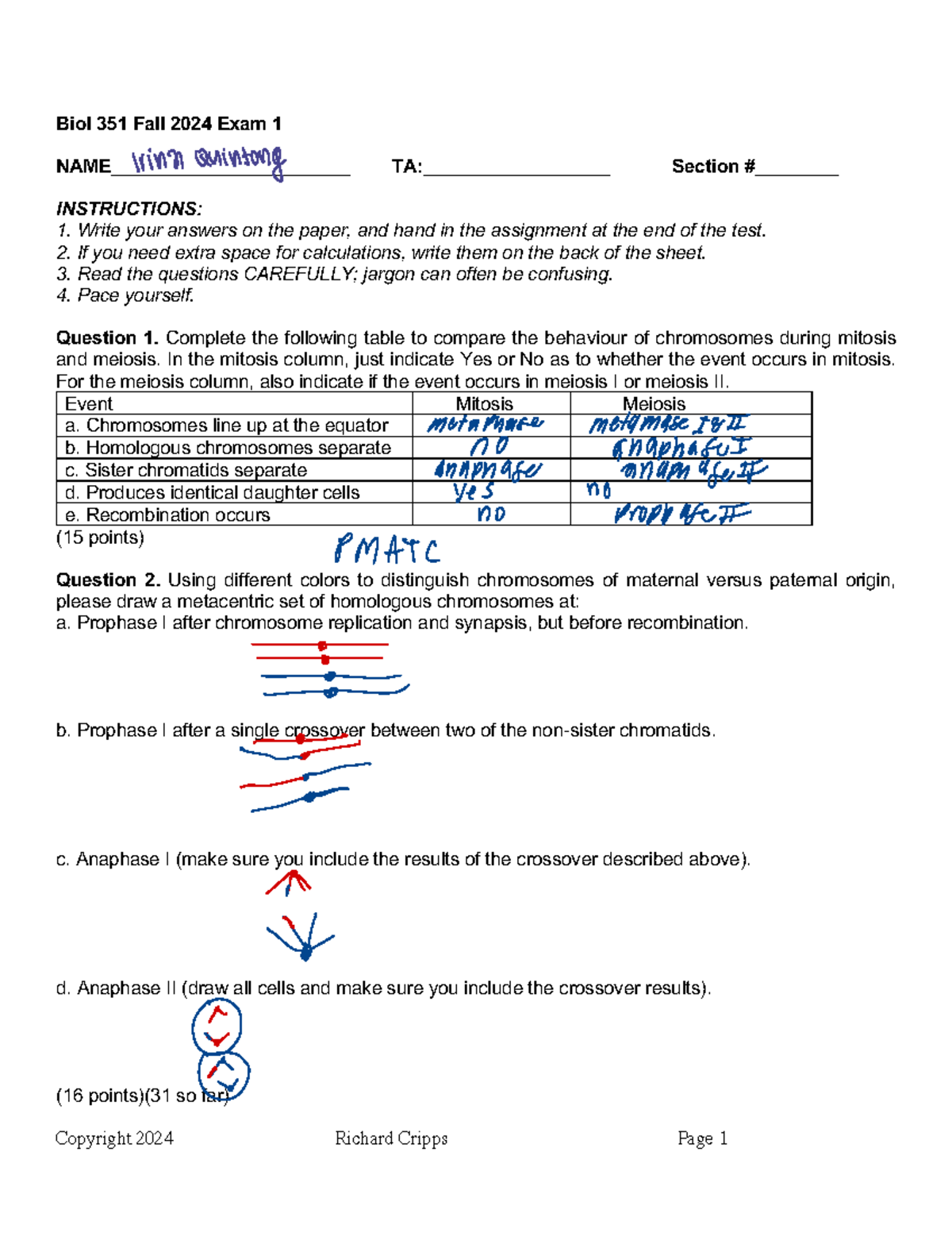 Practice Exam 1 for BIOL 351 - Fall 2024 by Irina Quintong - Studocu