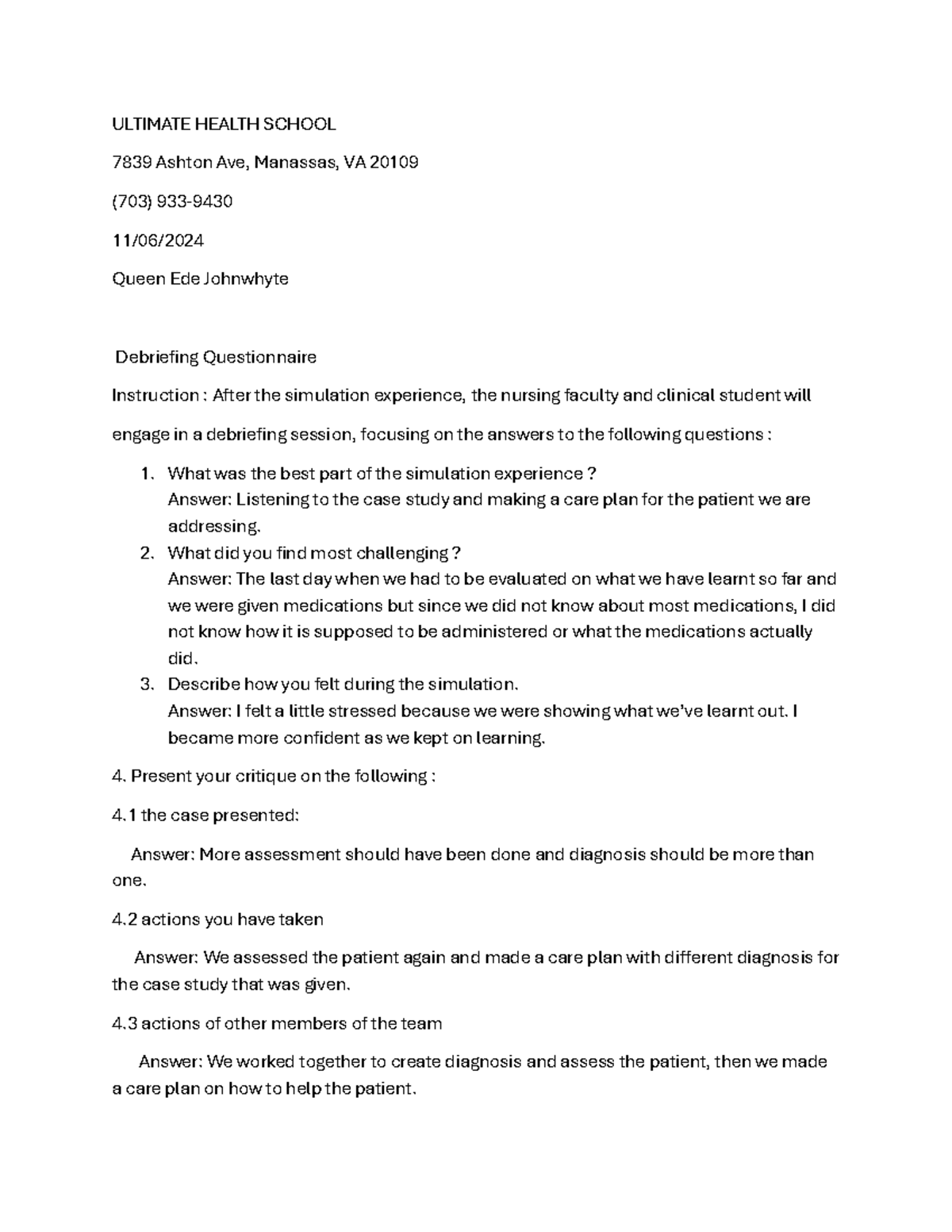 Debriefing Form for Nursing Simulation Experience - Nov 6 - Studocu