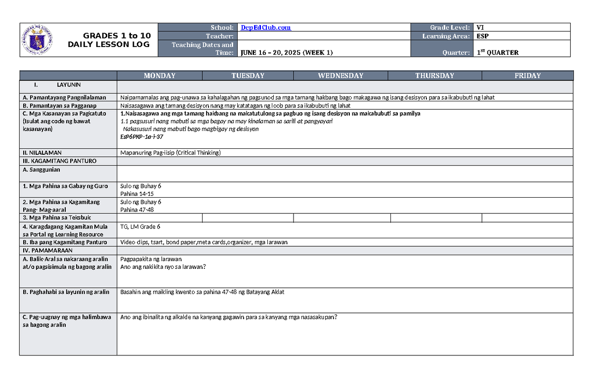 DLL ESP 6 Q1 W1 - Daily Lesson Log for Grade VI (Week 1) - Studocu