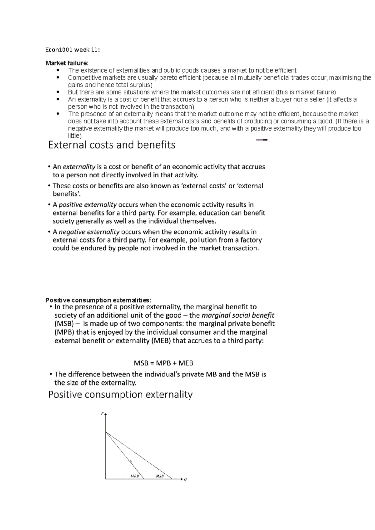 Econ1001 week 11 - Lecture notes 11 - Econ1001 week 11: Market failure ...