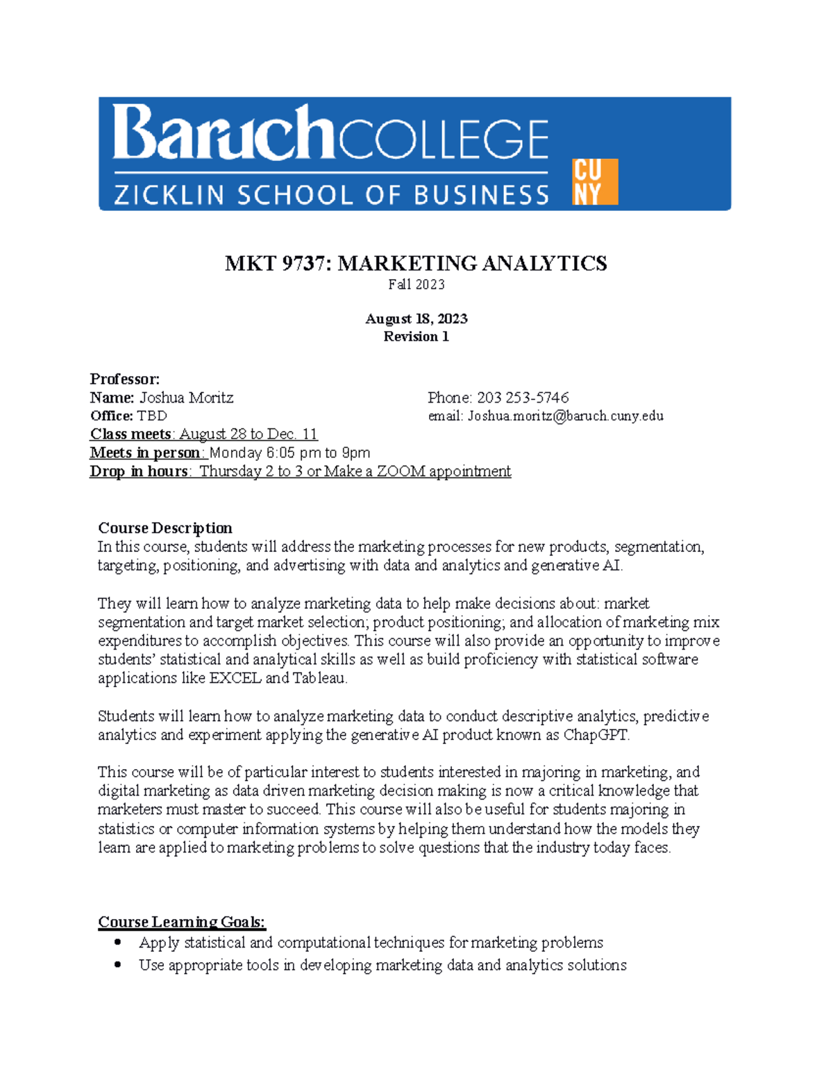 MKT 9737 Fall 2023 Course Overview: Marketing Analytics Essentials ...