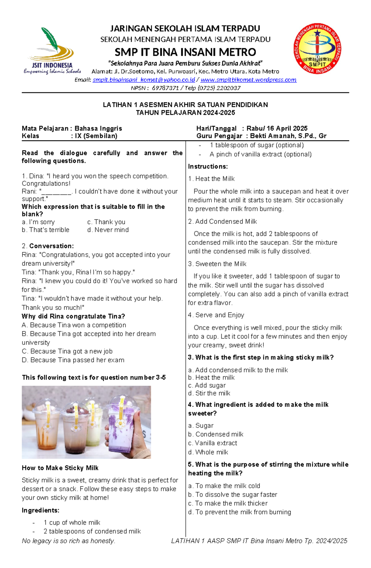 LATIHAN 1 AASP SMP IT Bina Insani Metro - English Practice Questions ...