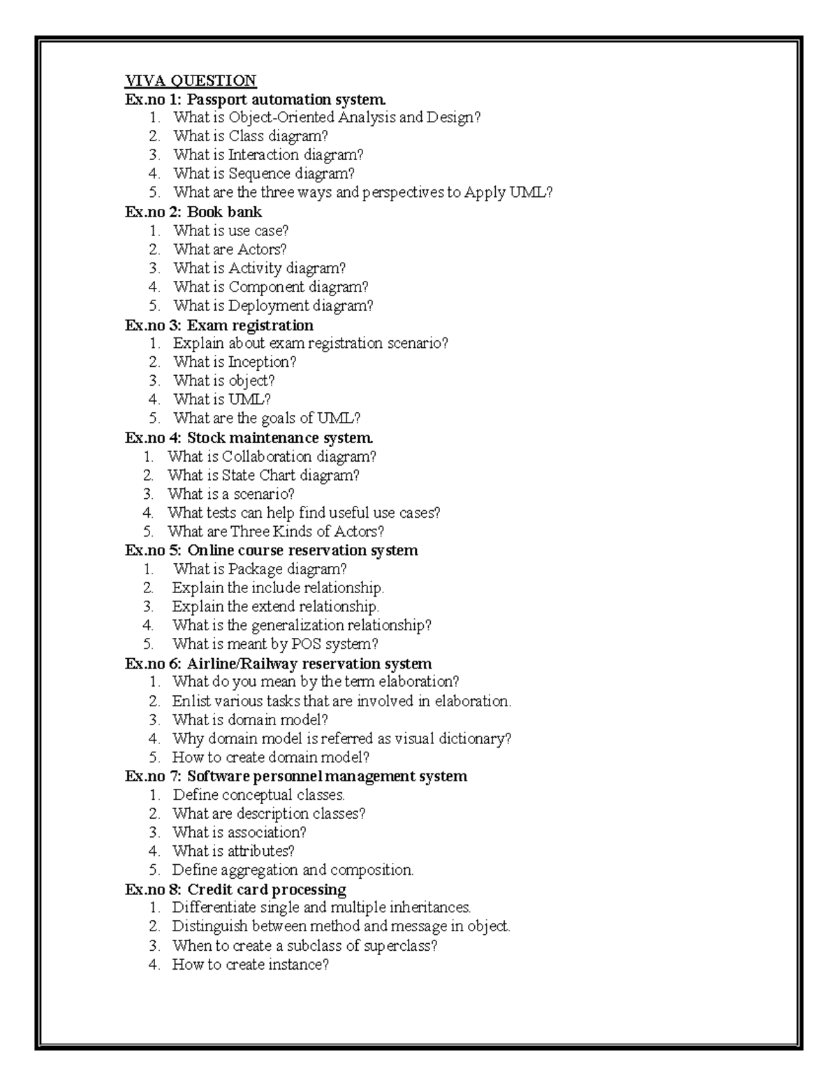 VIVA Questions - object oriented design - VIVA QUESTION Ex 1: Passport ...