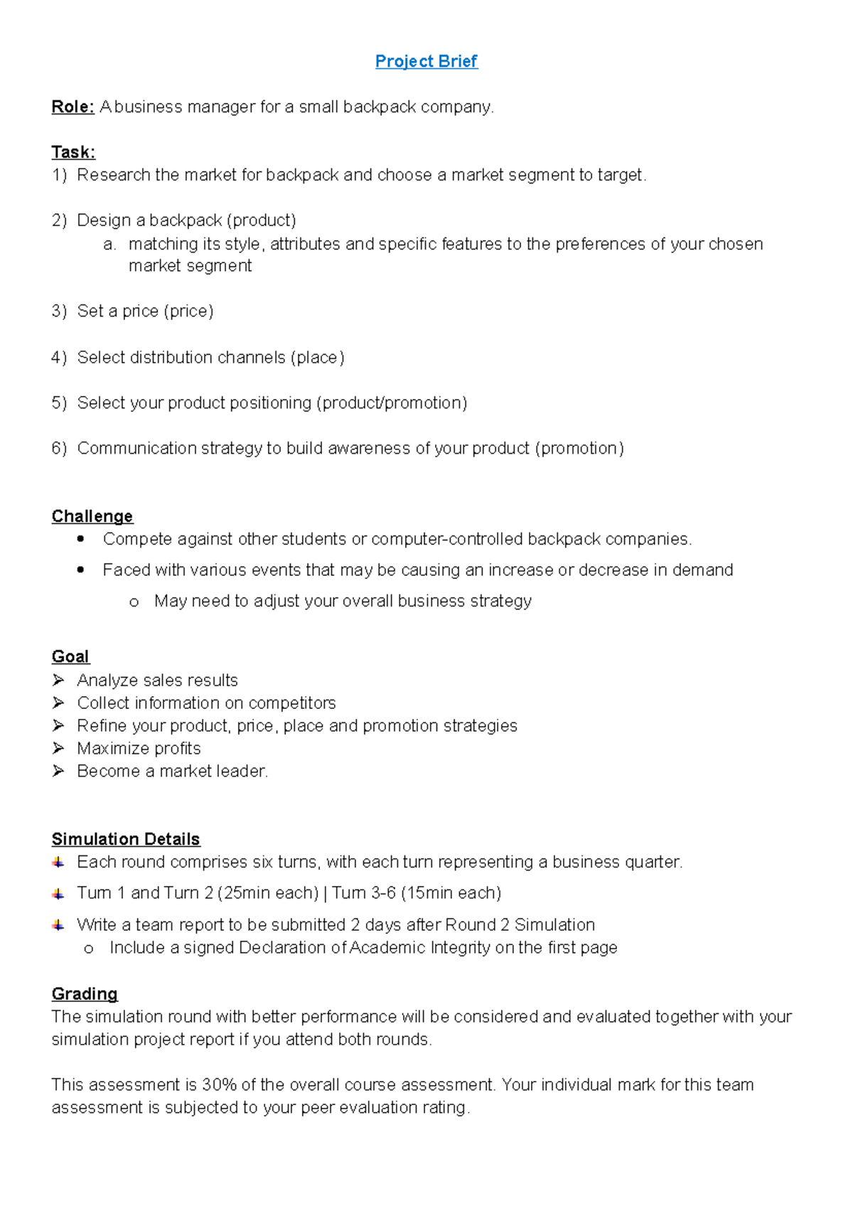 Business Simulation Project Brief: Backpack Company Strategy - Studocu
