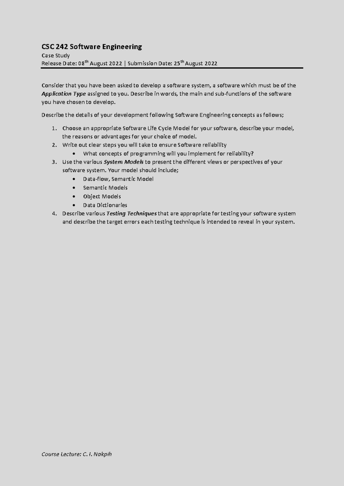 CSC 242 Software Engineering Case Study on Software Development - Studocu