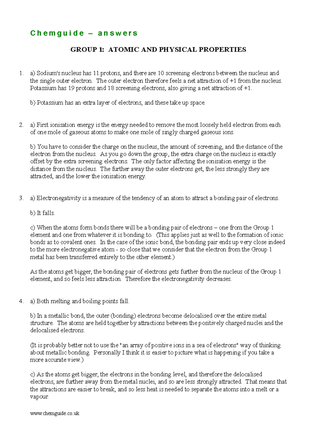 Chemguide Answers: Group 1 Atomic & Physical Properties - Studocu
