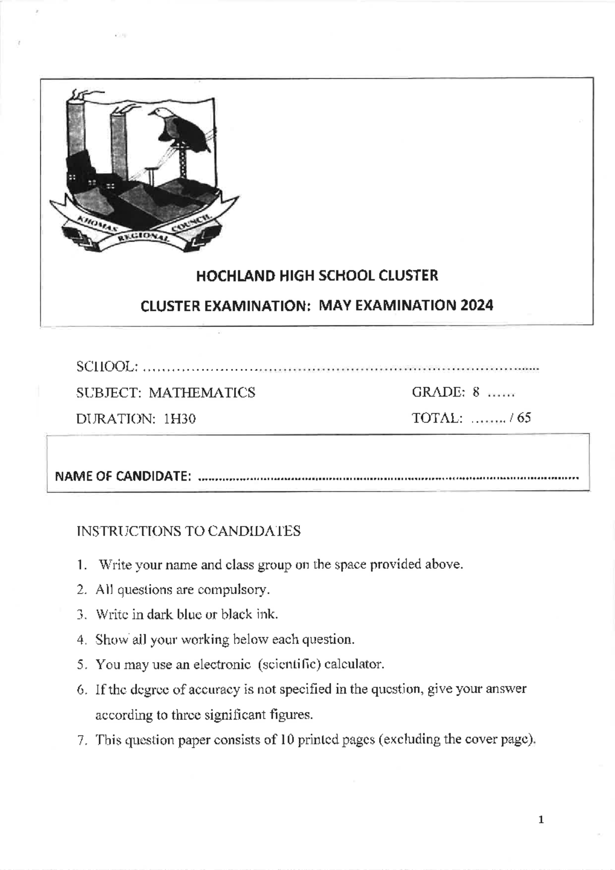 Gr 8 Mathematics Cluster Exam: KHOMAS COUNCIL May 2024 - Studocu